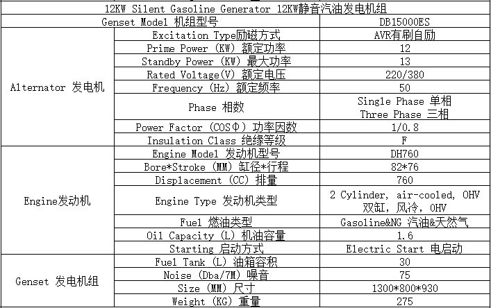 12KW燃氣汽油發電機組